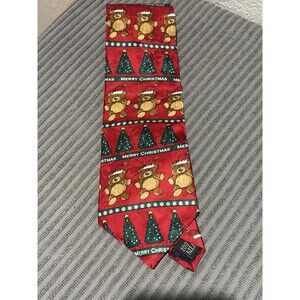 Merry Christmas Teddy Bear Christmas Tree Silk Red & Green Tie